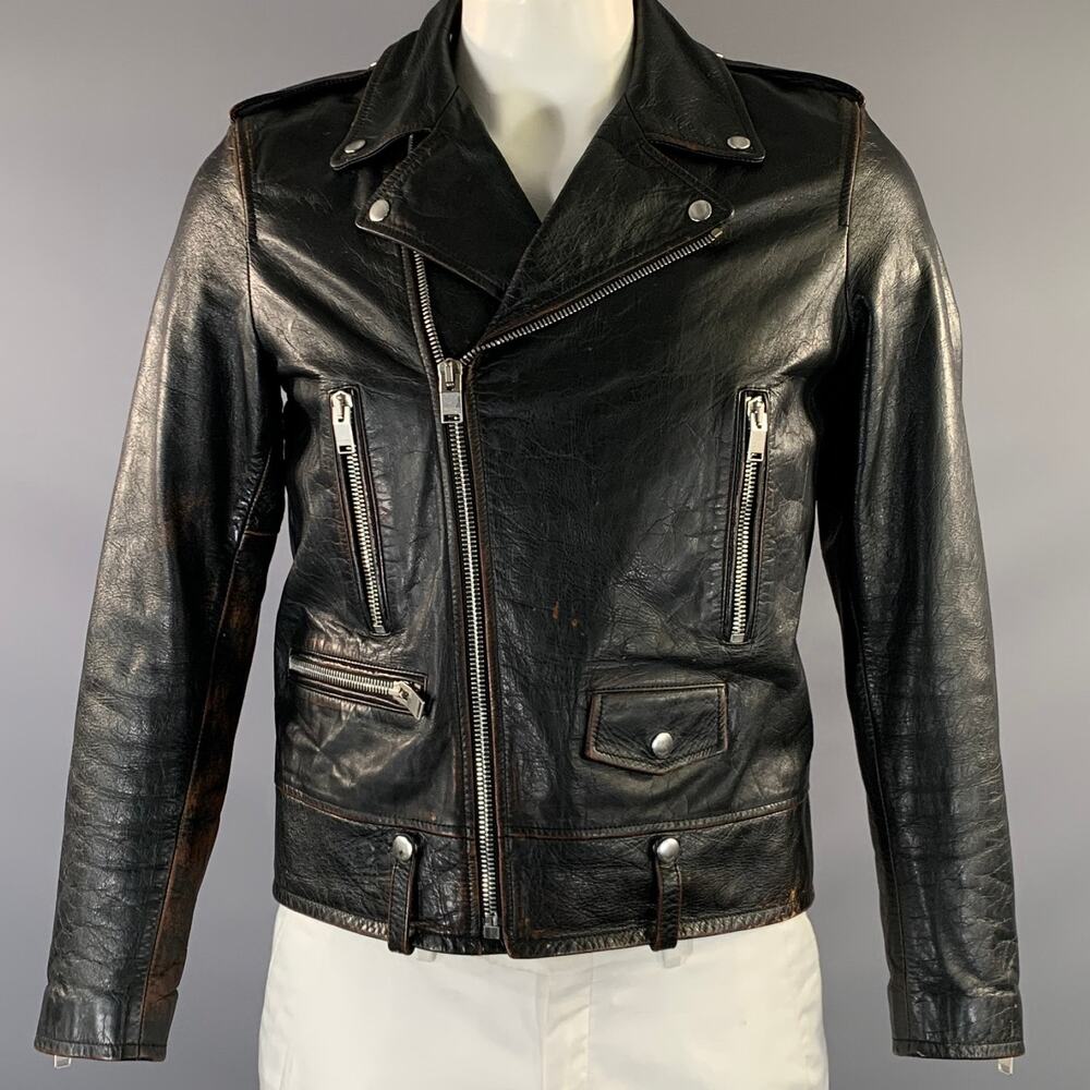 SAINT LAURENT Size 42 Black Distressed Leather Biker Jacket